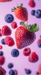 Assorted berries including strawberries, raspberries, and blueberries floating against a soft pink background