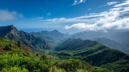Naklejka premium Breathtaking panoramic sunset view of lush green mountains in Poipu, Kauai, Hawaii, with misty ocean horizon, rugged terrain, blue sky, peaceful tropical atmosphere evoking tranquility natural beauty