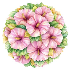 Watercolor Illustration of Pink Hibiscus Flowers Arranged in a Circular Formation with Green Leaves and Yellow Details against White Background