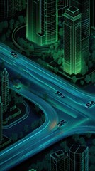 Nighttime Urban Highway Interchange with Illuminated Buildings