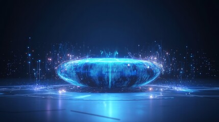 A futuristic, glowing blue orb surrounded by radiant light and energy particles in a dark setting.