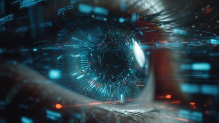 Close-up of a human eye with digital data overlay, symbolizing advanced technology and cybernetics.