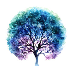 Watercolor Painted Tree Illustration in Shades of Blue Purple and Green Against White Background Depicting Artistic Nature and Abstract Season Themes
