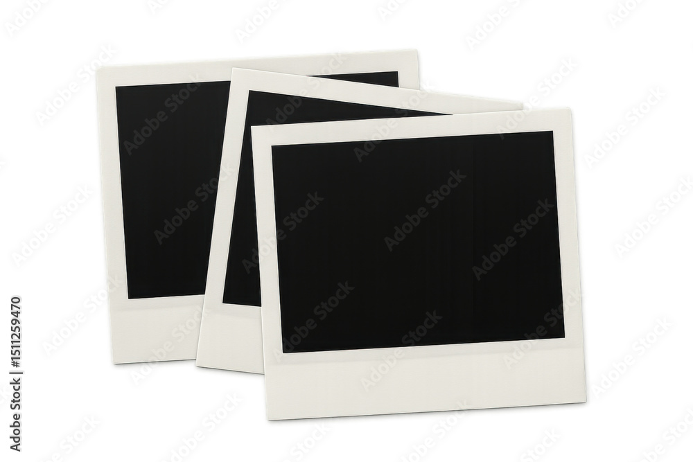 Poster three blank instant photo prints overlapping on a transparent background, ready for your images or d