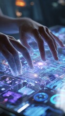 Hands interacting with a futuristic, illuminated digital interface