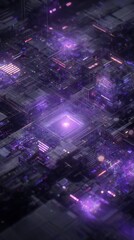 Futuristic Cityscape with Purple Neon Lights and Complex Architectural Structures