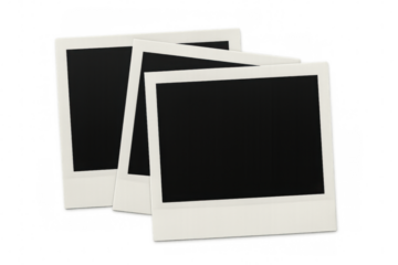 Three blank instant photo prints overlapping on a transparent background, ready for your images or design