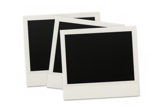 Three blank instant photo prints overlapping on a transparent background, ready for your images or design