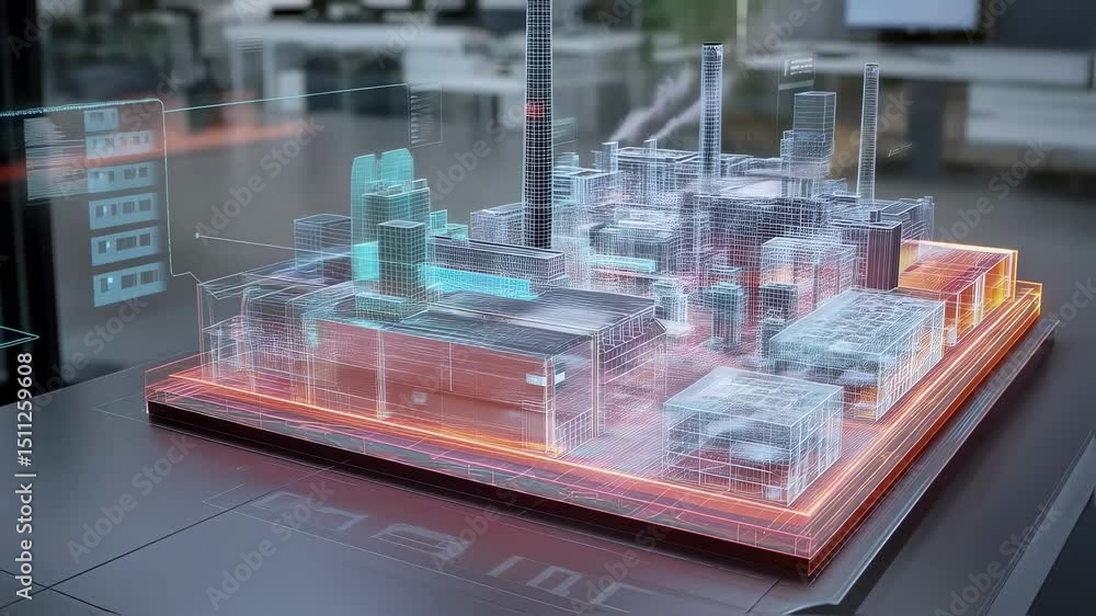 Poster holographic projection displays a digital twin model of an industrial complex, showcasing factory la