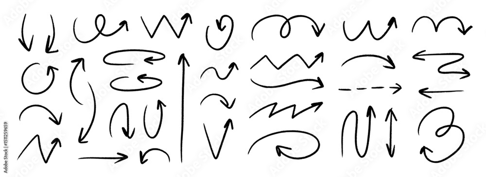 Poster crayon hand drawn arrow collection. black wavy, zig zag and curved doodle arrows set. grungy charcoa