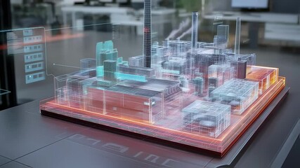 Holographic projection displays a digital twin model of an industrial complex, showcasing factory layout and processes, enabling engineers to study simulations for optimization strategies - Powered by Adobe