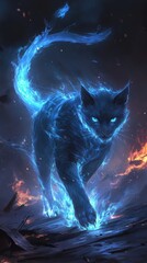 A mystical black cat with glowing blue aura walks through a fiery landscape, surrounded by embers and smoke.