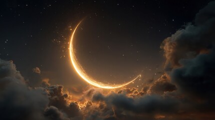 A radiant crescent moon glowing amidst a starry sky and clouds