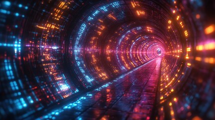 Fototapeta premium Futuristic Tunnel with Neon Lights and Reflective Floor