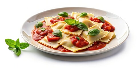A plate of freshly cooked ravioli served with a rich and tangy tomato sauce and garnished with fresh basil leaves on a white background , flavorful, pasta