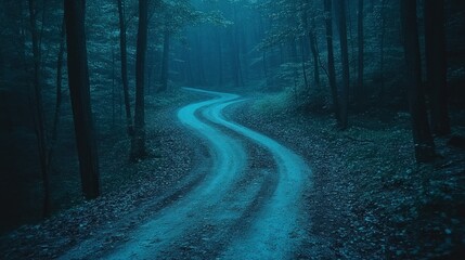 Naklejka premium Eerie Winding Path Through a Misty Forest