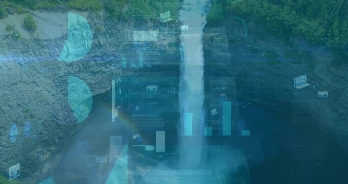Waterfall plunging into canyon, initiating chart overlays forming pulsing, visualizing data