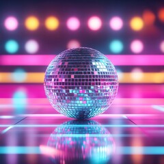 Fototapeta premium Disco ball on retro colorful dance floor background. Vibrant neon light reflecting on shiny sphere for party celebration.