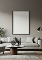 Realistic Interior With A Blank Frame Above A Sofa and Indoor Plants