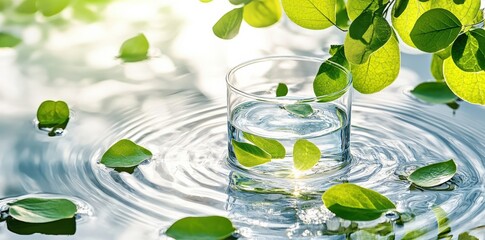 Glass of Pure Water with Green Leaves and Ripples