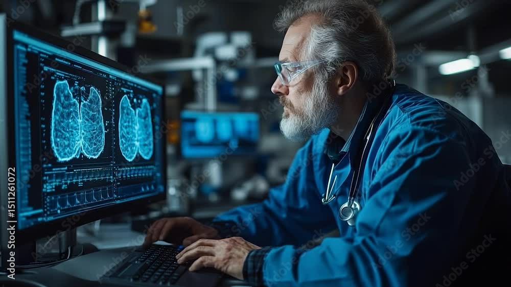 Poster focused medical professional analyzing brain scans on computer screen in a modern laboratory setting