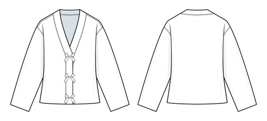 Bow-Tie Front Cardigan Technical Fashion Illustration. Long-Sleeve Cardigan Vector Template. V-Neckline. Relaxed Fit. Women’s Outerwear. CAD Mockup Set.