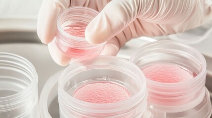 Scientist examining petri dishes with pinkish cultures in a laboratory setting
