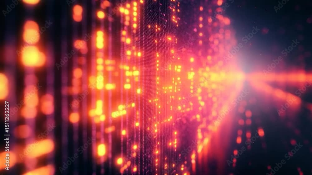 Poster abstract digital grid with orange and pink lights forming a futuristic background with dynamic bokeh