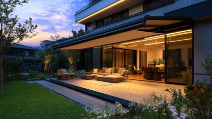 Obraz premium Modern house with a spacious outdoor deck and large glass windows at dusk, surrounded by greenery.