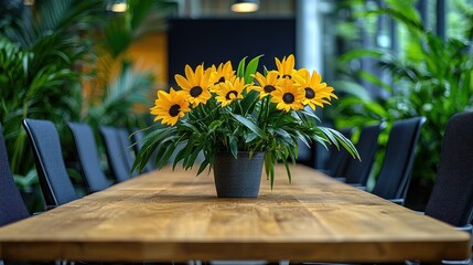 Fototapeta premium Yellow sunflowers in a pot on a wooden table