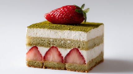 Matcha Strawberry Cake: A Square Dessert with Green Tea Sponge and Cream Layers Topped with a Fresh Strawberry