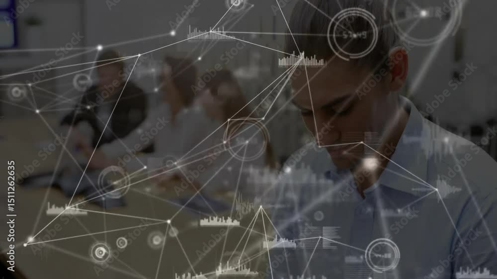 Poster colleagues tapping tablets on conference table and unveiling network overlay boosting data insights