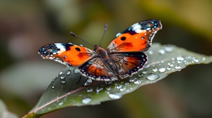Obraz premium Macro photograph of a vibrant butterfly with bright orange and blue wings covered in dew on a leaf. Natural earth tones, soft light, diffused shadows, browns, beiges, and muted colors. Detailed focus