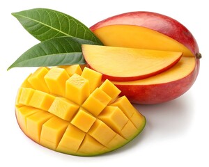 Fresh juicy mango sliced with Samar technique, close-up tropical cubes, healthy fruit snack with leaf garnish