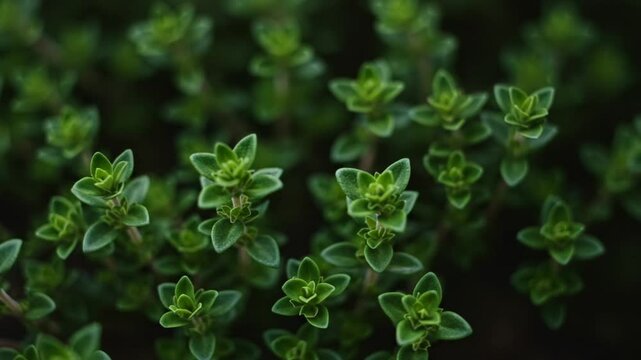 Close-up view of vibrant green thyme plants thriving in a garden setting, showcasing lush foliage