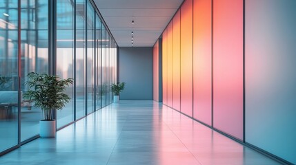 Modern office hallway with glass walls and colorful lighting