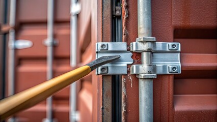 A crowbar pries open the metal latch of a locked shipping container door.