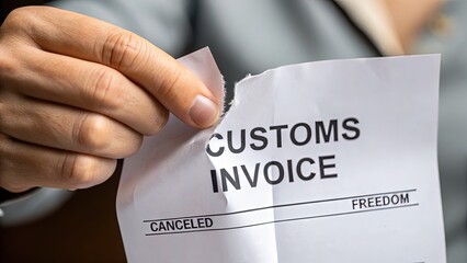 A person tears a customs invoice in half, symbolizing canceled restrictions and newfound freedom.
