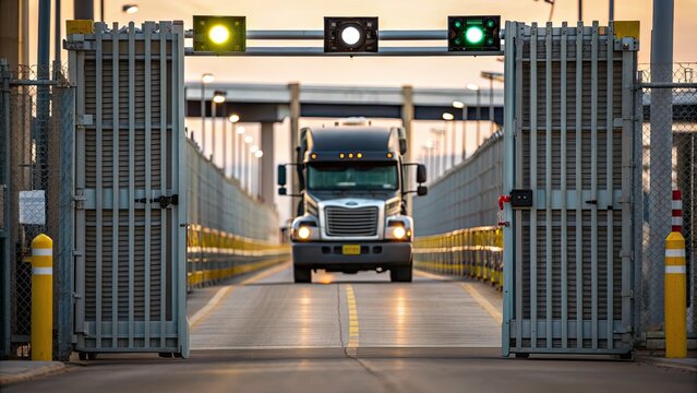 A semi-truck passes through an open security gate at a checkpoint, with green lights signaling clearance for entry or exit.