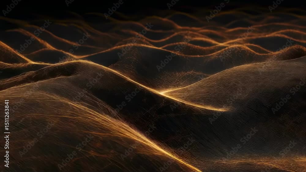 Poster golden energy waves flowing across dark, undulating landscape, generating mesmerizing interplay betw