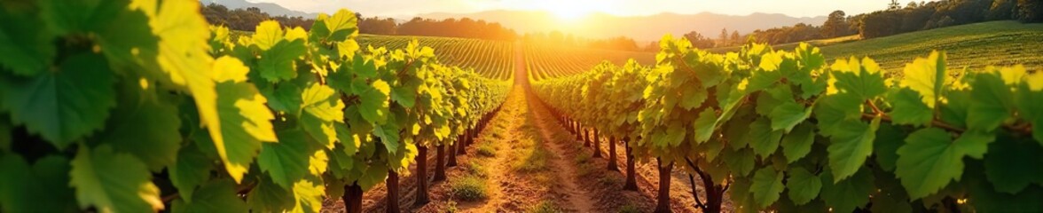 Fototapeta premium Sun-drenched rows of lush, vibrant grapevines stretching across a picturesque vineyard, ready for harvest The perfect image for wine country, viticulture, and autumn themes , wine region, agriculture