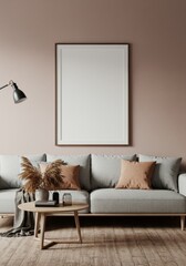 Realistic Interior With Gray Sofa Mockup Frame In Neutral Living Room