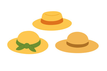 Set of wide-brimmed summer hats in cartoon flat style. Vector clipart with warm seasonal colors.