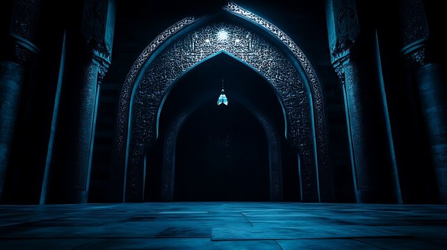 Dark mosque interior, glowing arches