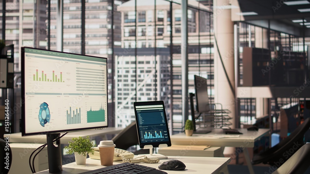 Poster empty business office with cubicles used in organizational activity efficiency, having advanced tech