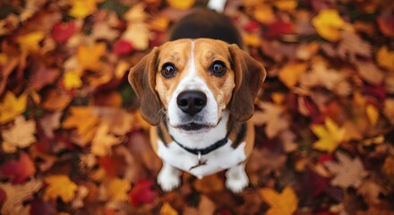 Beagle dog portrait in autumn leaves cute dog looking up