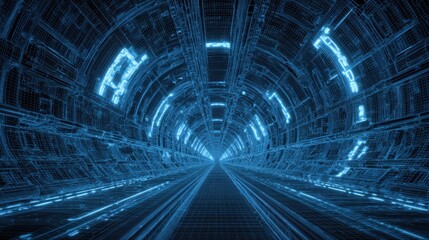 Futuristic Blue-Lit Tunnel with Symmetrical Design and Grid Structure