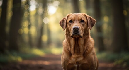 Portrait of a golden labrador retriever in a forest setting