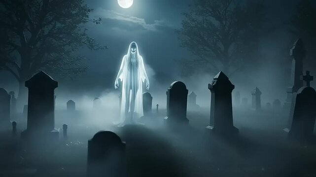Ethereal ghost figure haunting a misty graveyard under a full moon, creating a spooky atmosphere