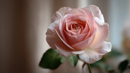 A delicate pink rose in full bloom with soft lighting and blurred background